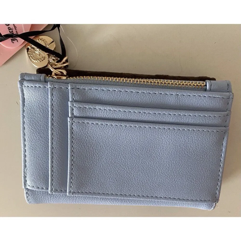 JUICY COUTURE GIRLIE ROYALTY Double Sided Trifold Wallet‎ Chocolate Blue NEW
